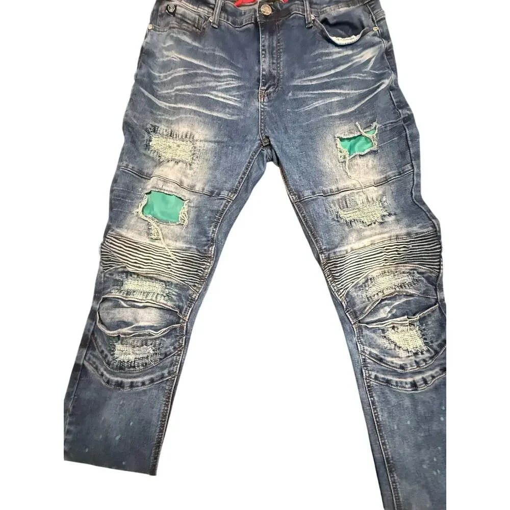 Switch Remarkable Men's Slim Taper Fit Biker Distressed Blue Denim Jeans 36x32